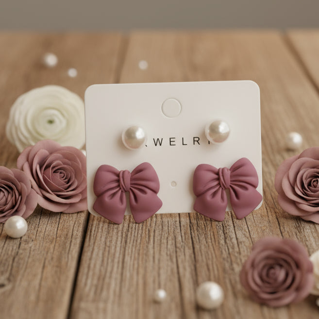 Mauve Bows & Pearls Earrings