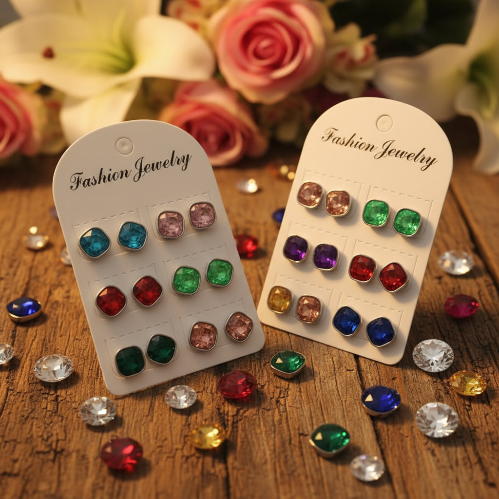 12mm Square Imitation Gemstone Earrings (6 pair set)