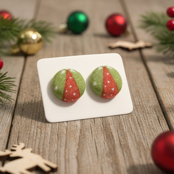 Merry Little Christmas Pin Dot Trees Fabric Button Earrings (13mm)
