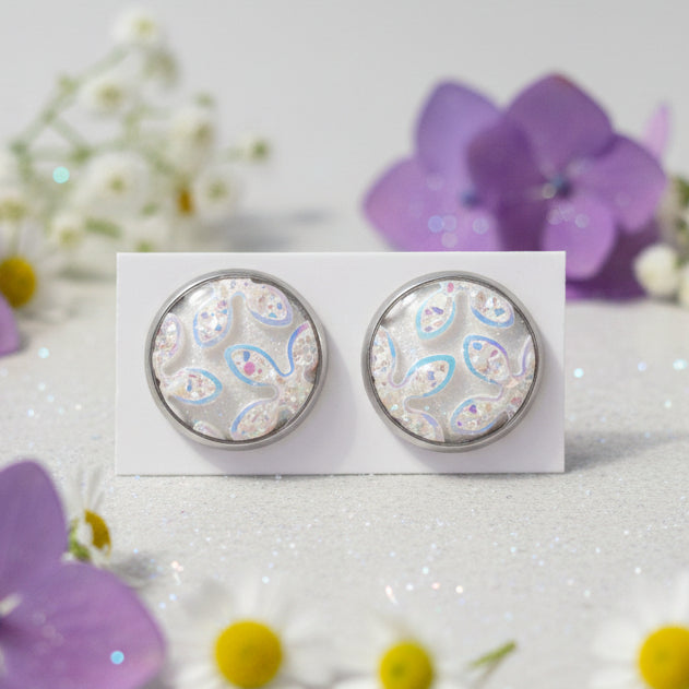 White Floral Pattern Imitation Druzy Earrings (14mm)