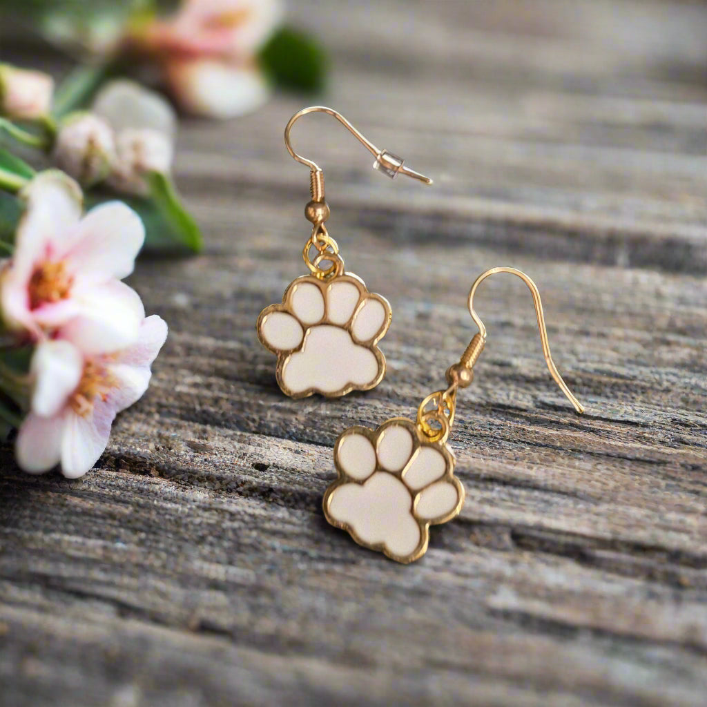 White Paw Print Dangle Earrings