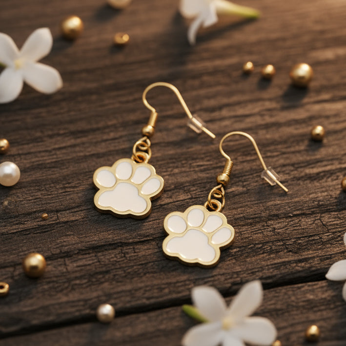 White Paw Print Dangle Earrings