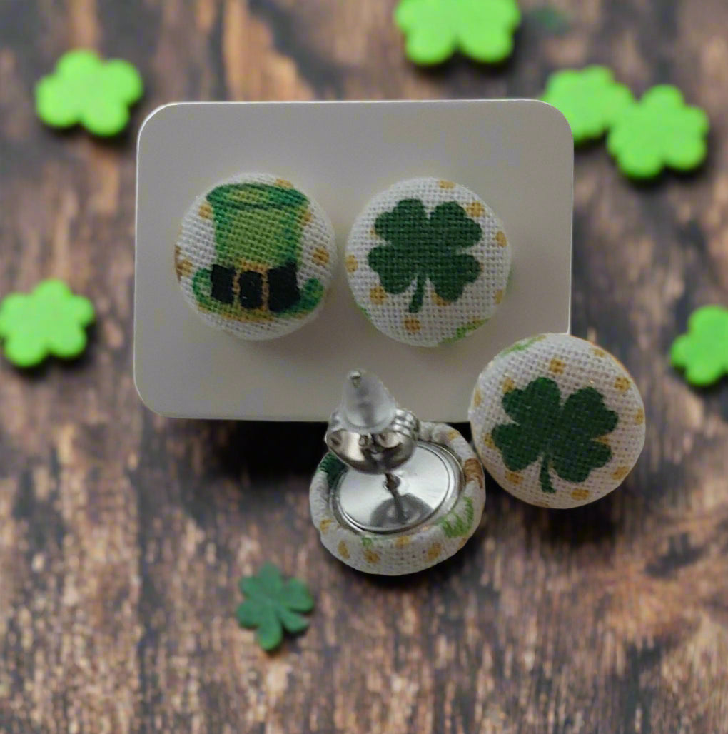 Leprechaun Hat & Shamrock Fabric Button Earrings (13mm)