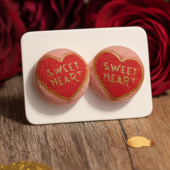 Sweet Heart Fabric Button Earrings (16mm)