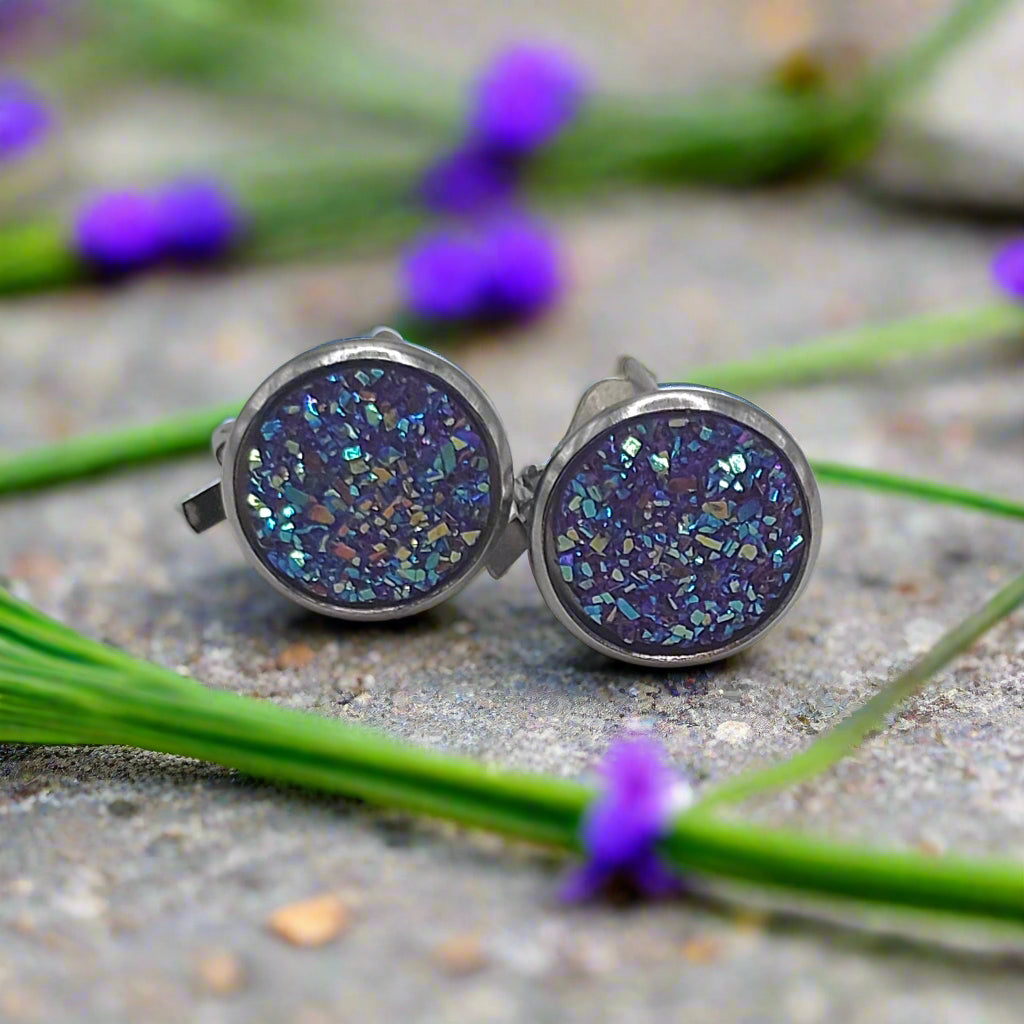 Purple Imitation Druzy CLIP-ON Earrings (14mm)