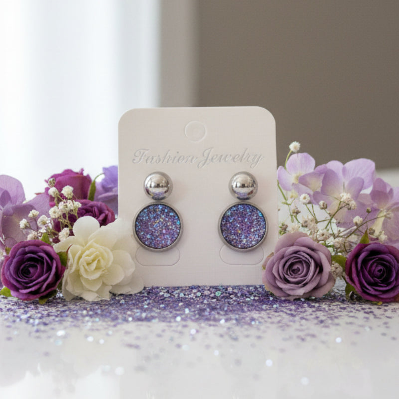 Purple Imitation Druzy & Silver Ball Stud Earring Set