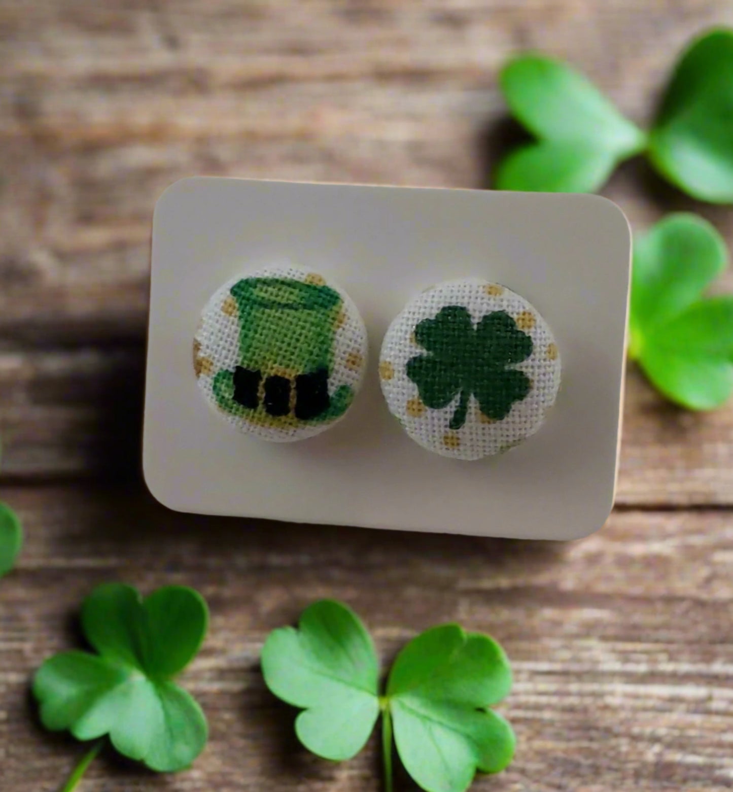Leprechaun Hat & Shamrock Fabric Button Earrings (13mm)