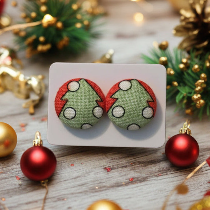 Jolly Christmas Trees Fabric Button Earrings (16mm)