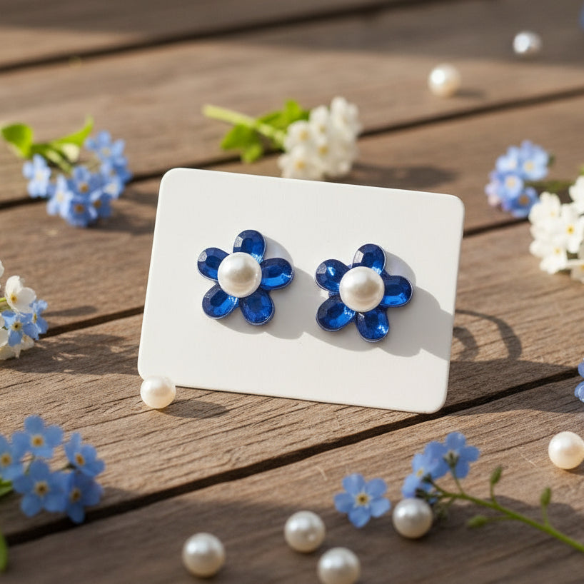 Blue Flowers & Pearls Earrings (11mm)
