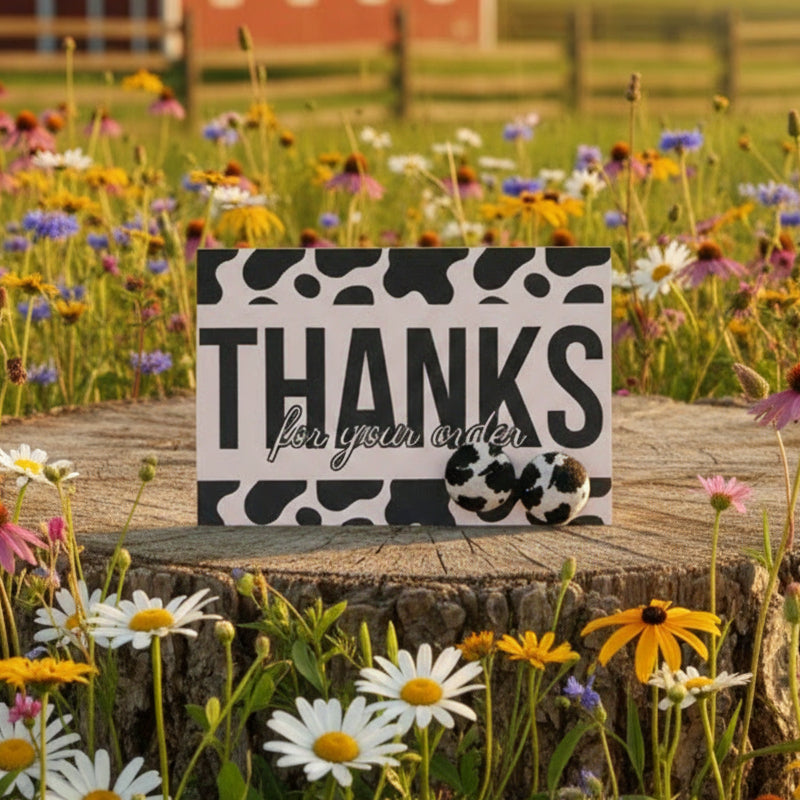 Black Cow Print Thanks for Your Order Card with 13mm Earrings