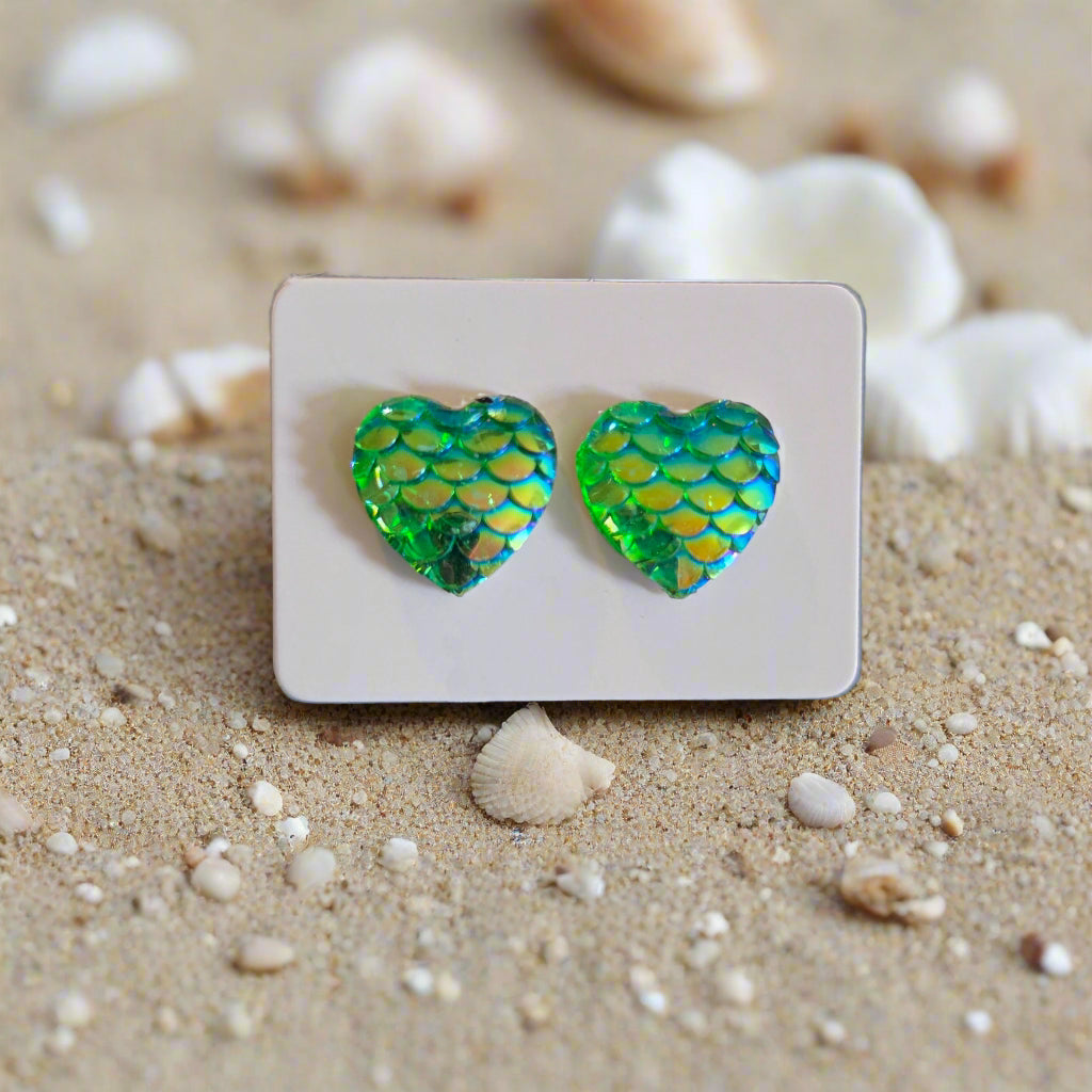 Green Mermaid Scale Heart Earrings (12mm)