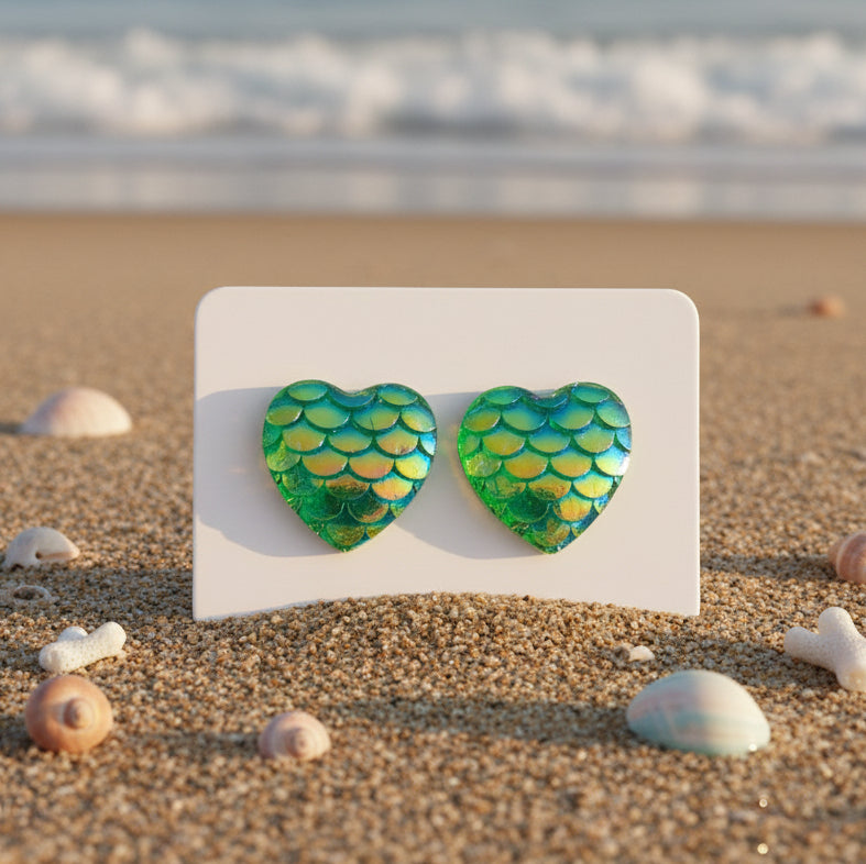 Green Mermaid Scale Heart Earrings (12mm)