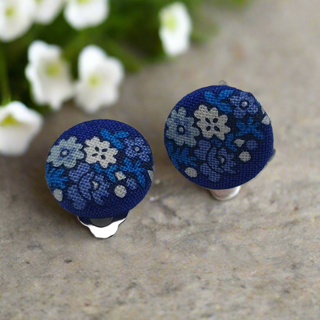 Blue Floral CLIP-ON Fabric Button Earrings (16mm)