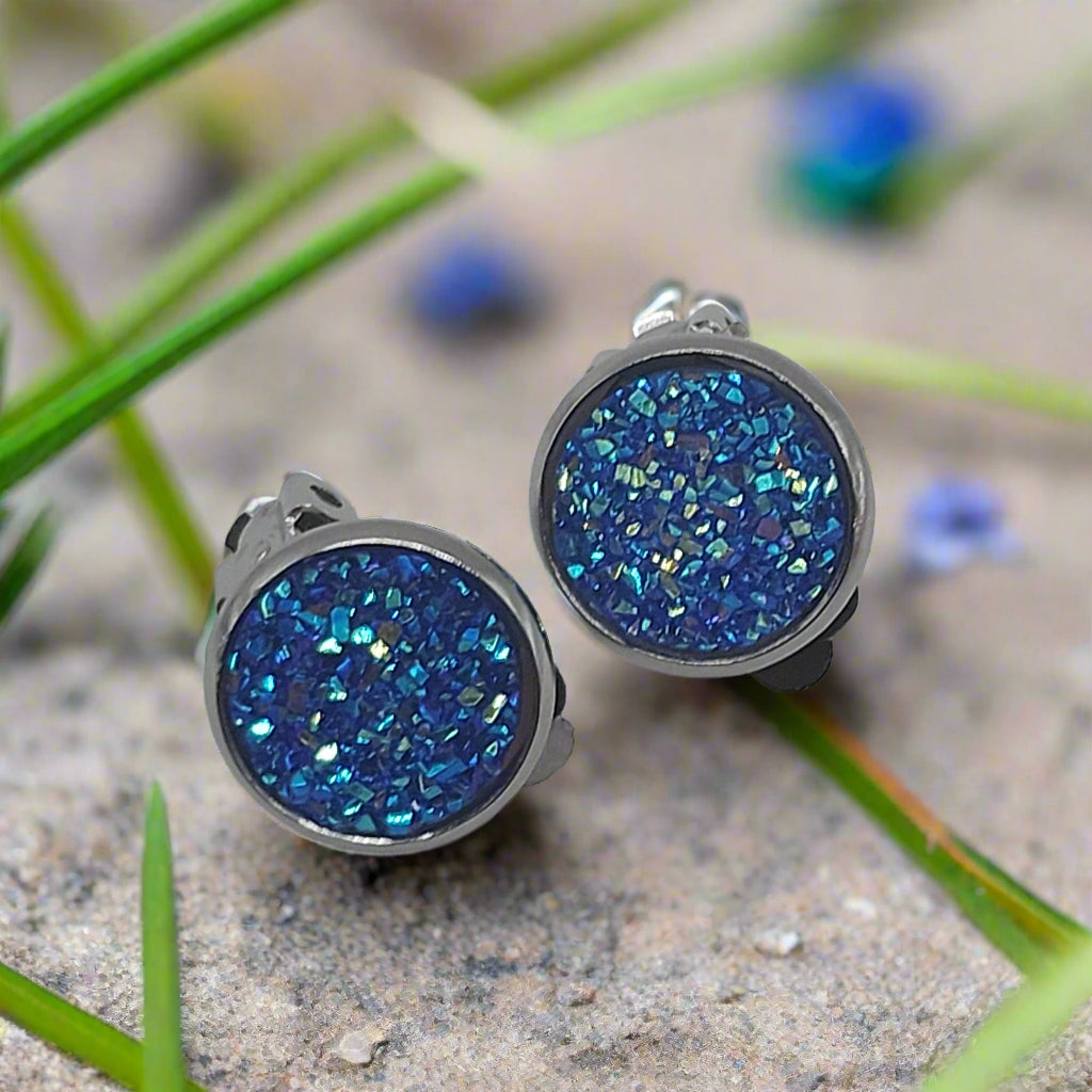 Blue Imitation Druzy CLIP-ON Earrings (14mm)