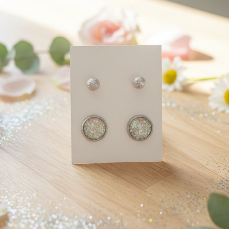 10mm Imitation Druzy & 5mm Frosted Silver Ball Stud Earring Set
