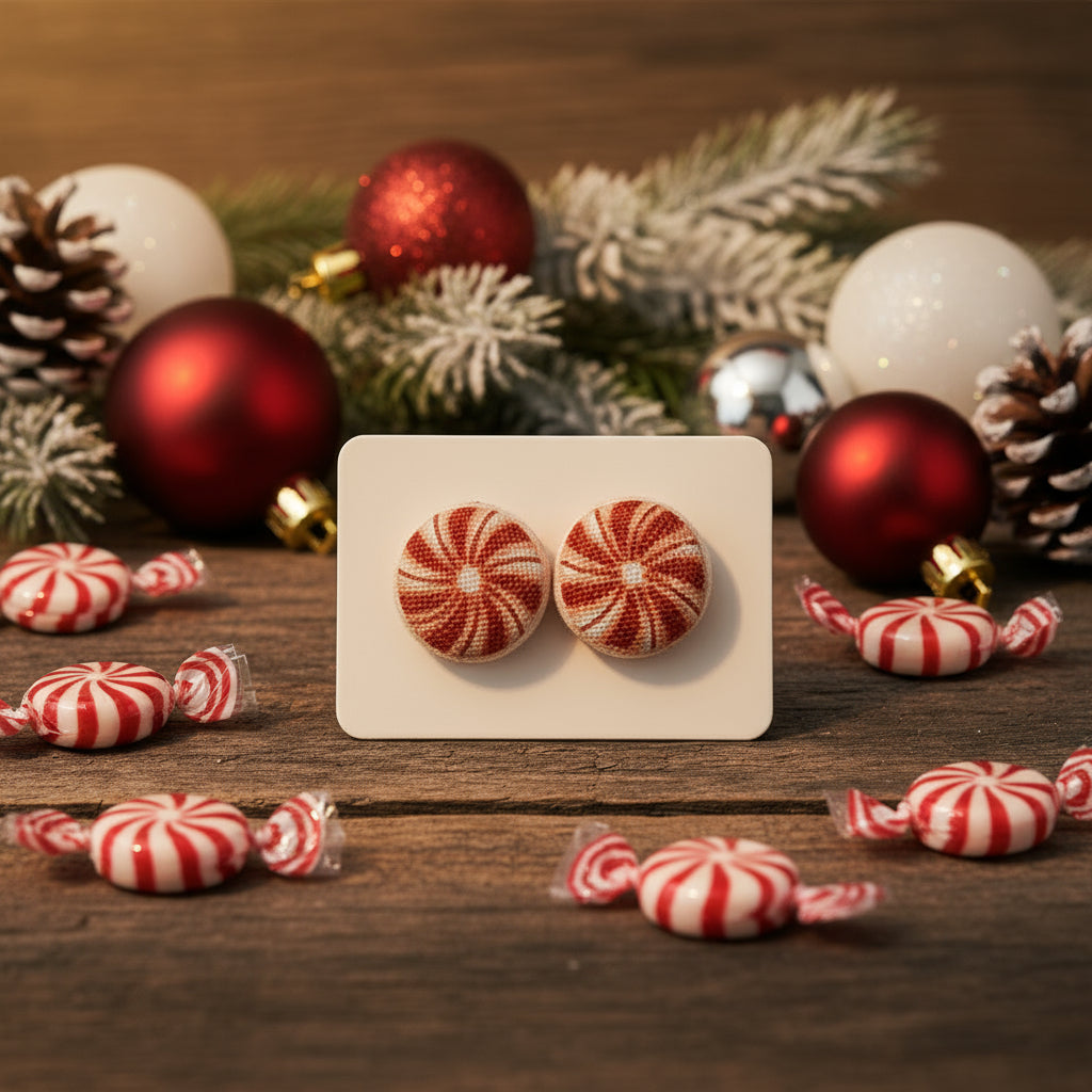 Peppermint Fabric Button Earrings (13mm)