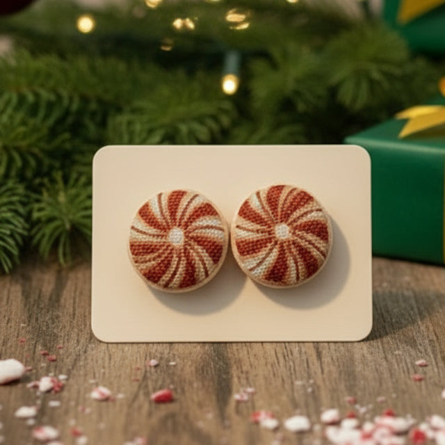 Peppermint Fabric Button Earrings (13mm)