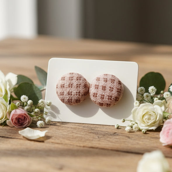 Gingham Fabric Button Stud Earrings (13mm)
