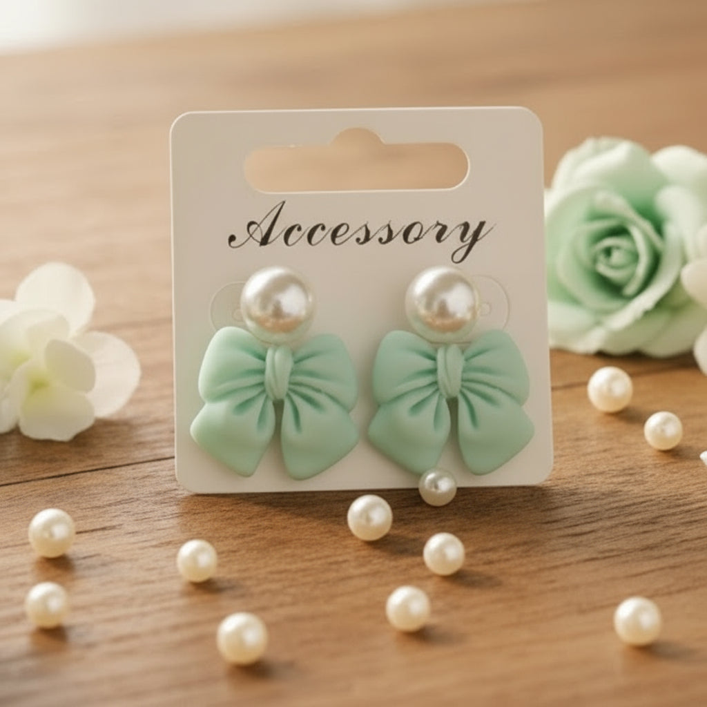 Mint Bows & Pearls Earrings