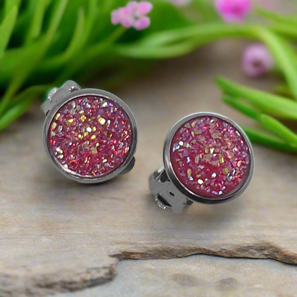 Pink Imitation Druzy CLIP-ON Earrings (14mm)