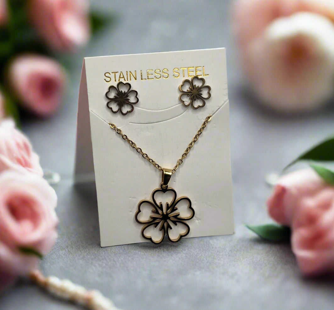 Stainless Steel Flower Necklace & Earring Set