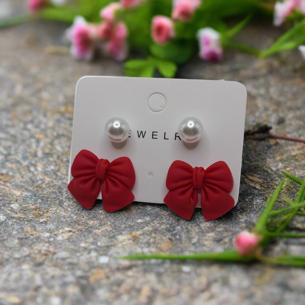 Red Bows & Pearls Earrings