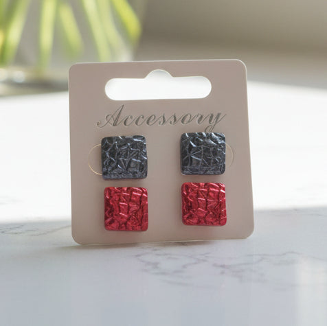 12mm Red & Gray Pearlescent Textured Square Earring Set