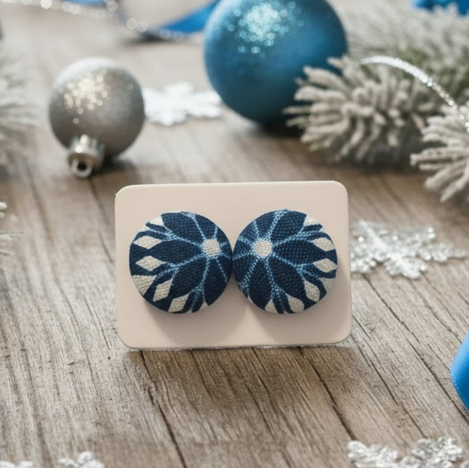 Winter Magic Snowflakes Fabric Button Earrings (16mm)