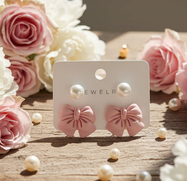 Pink Bows & Pearls Earrings