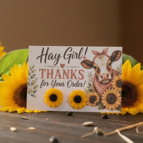Hay Girl, Thanks for Your Order Cow Card with 15mm Sunflower Earrings