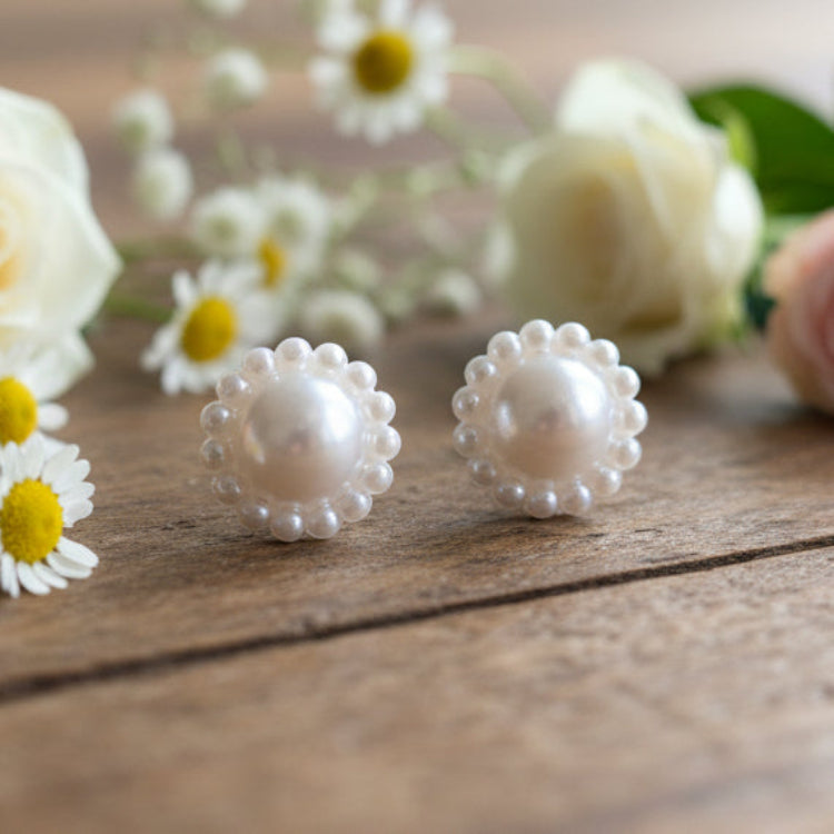 12mm Pearly White Flower Earrings
