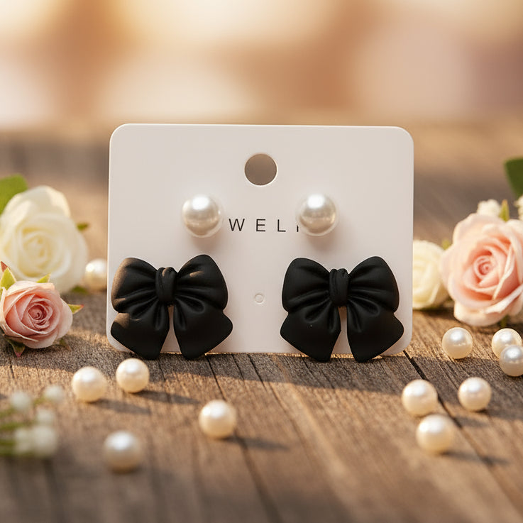 Black Bows & Pearls Earrings
