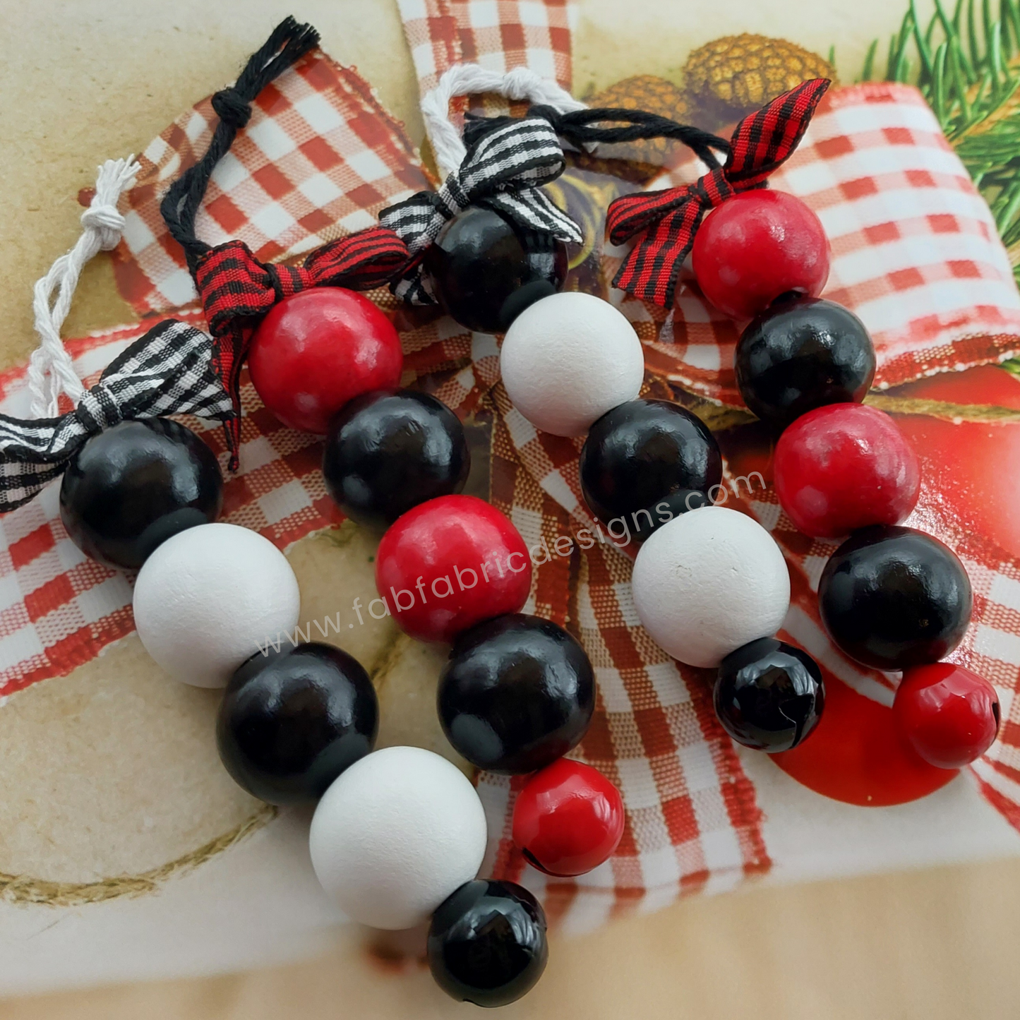 Plaid Wood Bead Bell Ornaments