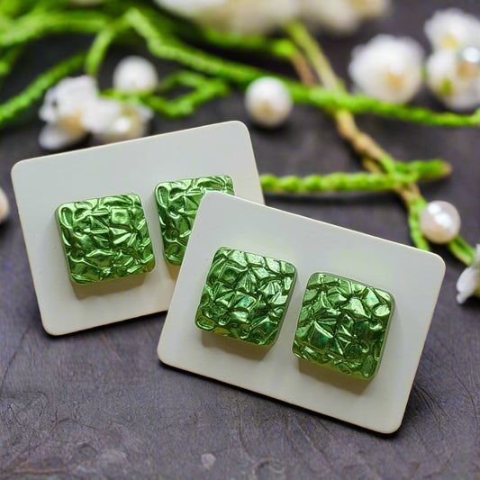 Green Pearlescent Textured Square Earrings (12mm)