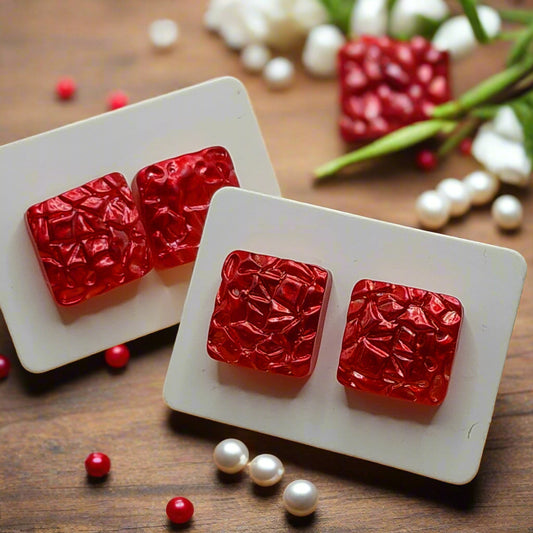 Red Pearlescent Textured Square Earrings (12mm)