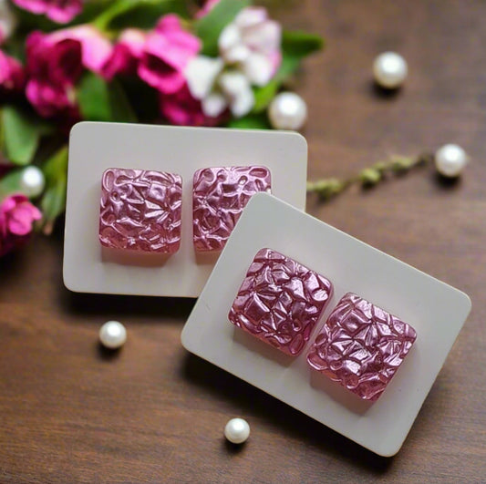 Pink Pearlescent Textured Square Earrings (12mm)
