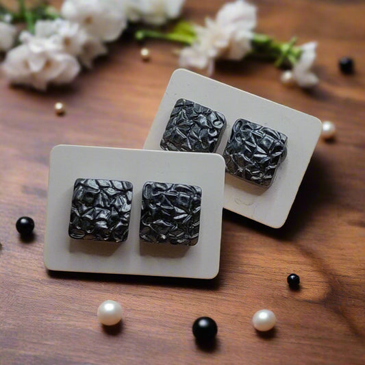 Charcoal Pearlescent Textured Square Earrings (12mm)