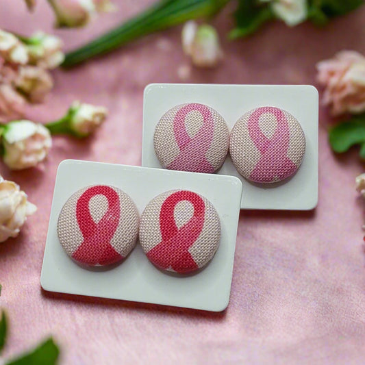 Pink Ribbon Fabric Button Earrings (16mm)