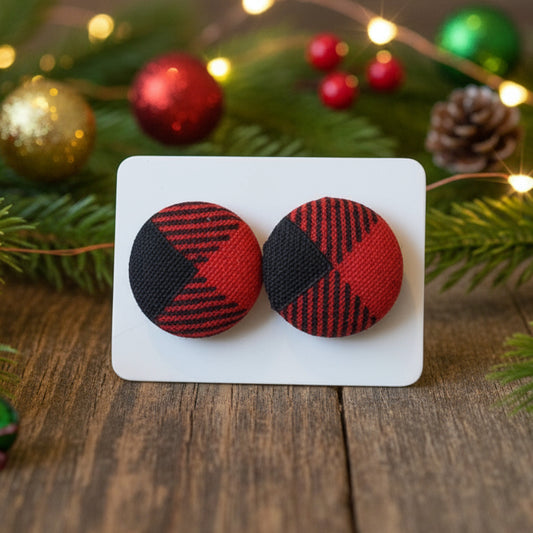Red & Black Checkered Fabric Button Stud Earrings (16mm)