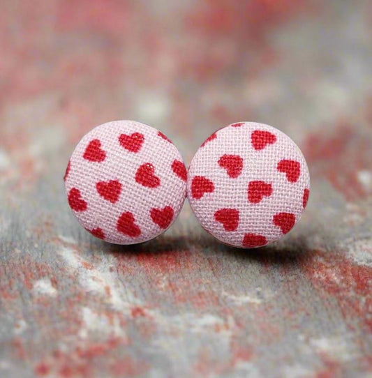 Scattered Hearts Fabric Button Stud Earrings (16mm)