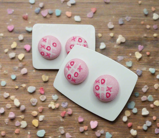 Tic-Tac-Toe Pink Fabric Button Stud Earrings (13mm)