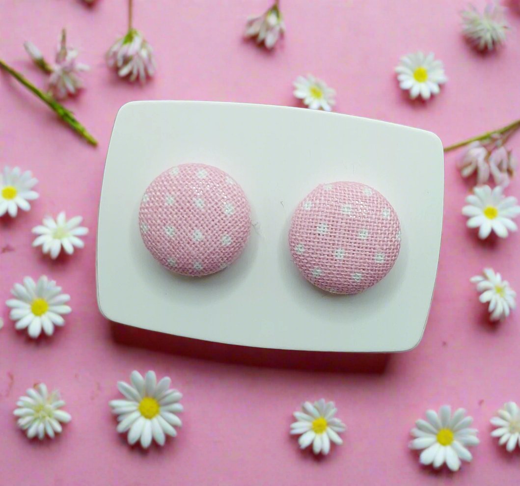 Baby Pink Pin Dot Fabric Button Stud Earrings (13mm)