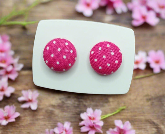 Hot Pink Pin Dot Fabric Button Stud Earrings (13mm)