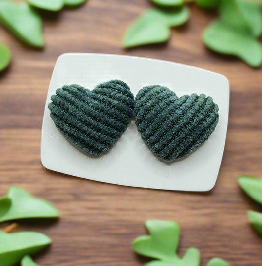 Green Corduroy Heart Fabric Earrings (15mm)