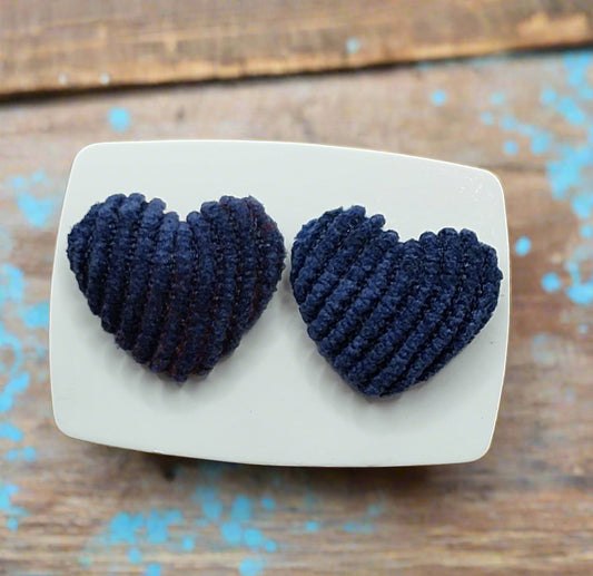 Prussian Blue Corduroy Heart Fabric Earrings (15mm)