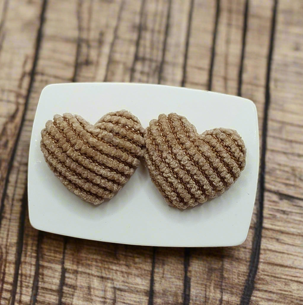 Taupe Corduroy Heart Fabric Earrings (15mm)