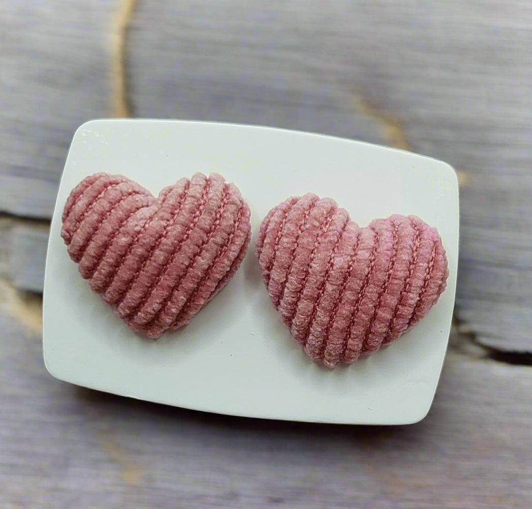 Mauve Corduroy Heart Fabric Earrings (15mm)