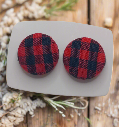 Red & Black Plaid Fabric Button Stud Earrings