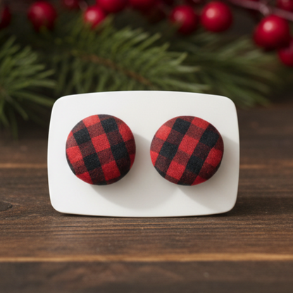 Red & Black Plaid Fabric Button Stud Earrings