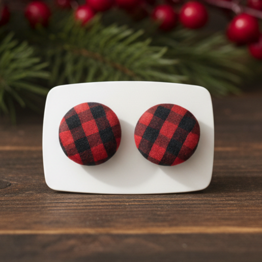 Red & Black Plaid Fabric Button Stud Earrings